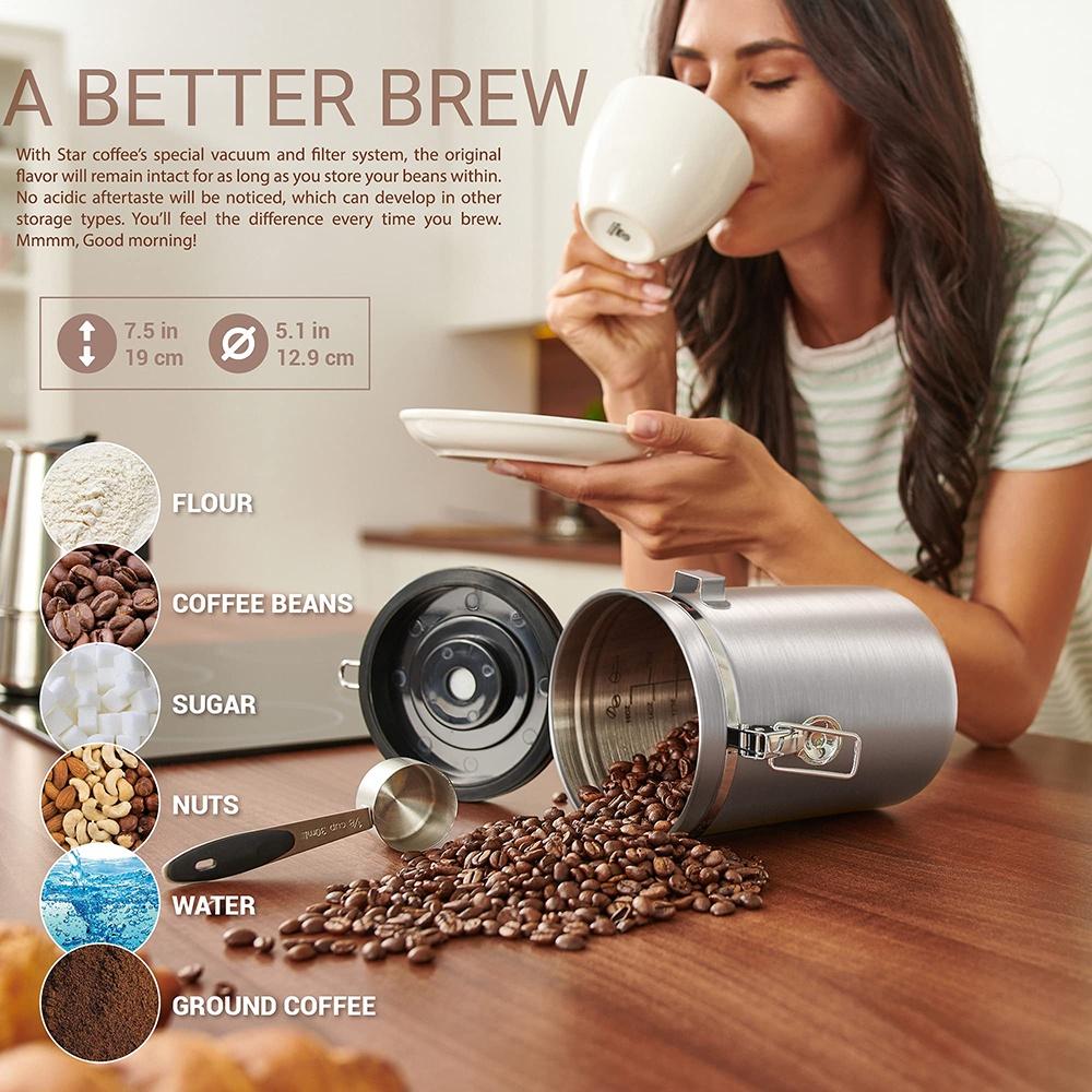 Stainless Steel Airtight Coffee Container Canister Coffee Grounds and Beans Container with Date Tracker, Scoop, CO2 Valve Filters,  Silver