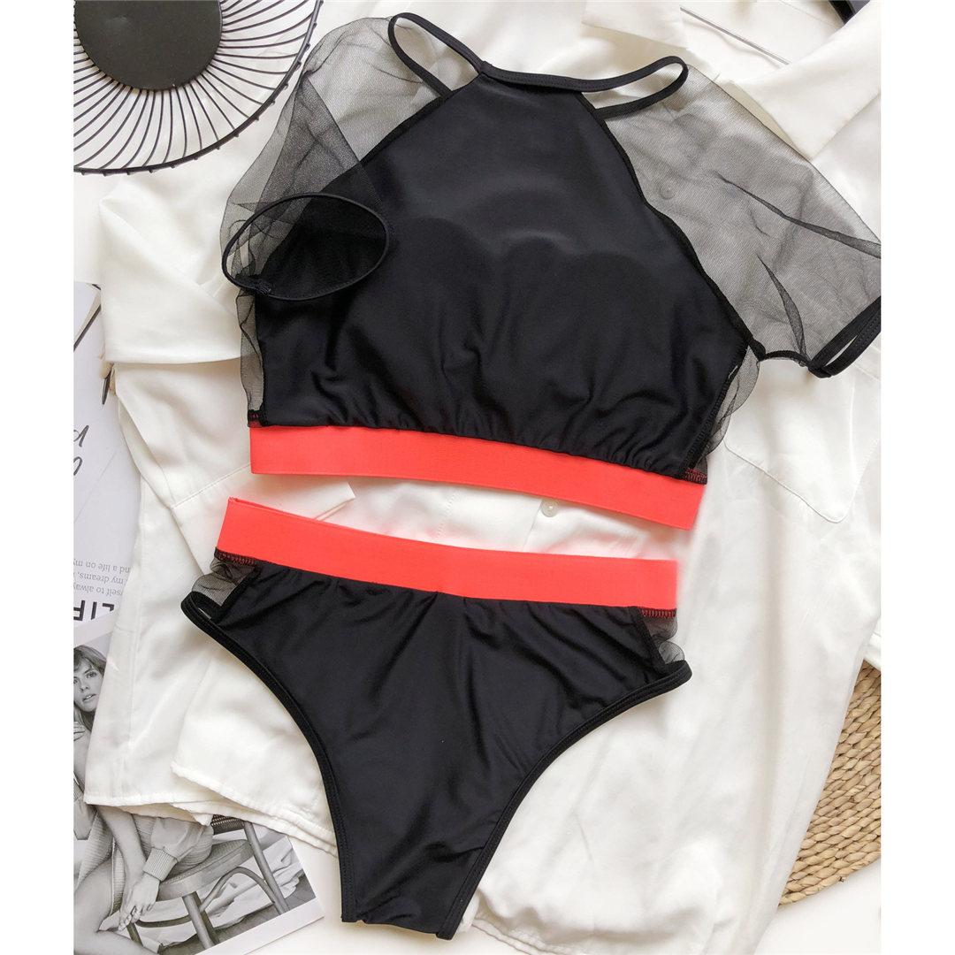 

мода короткий рукав сетчатый женский купальник с высокой талией бикини женский купальник из двух частей комплект бикини купальный костюм S чёрный