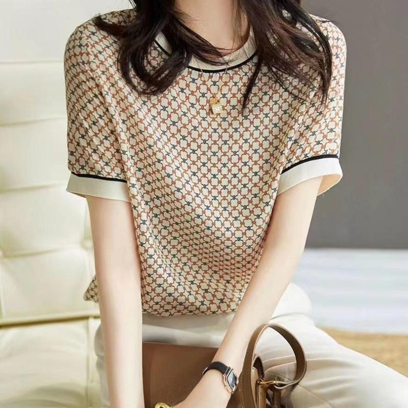 Kurzarm Damen Shirt Vintage Quadratisch Kariertes Oberteile Bedrucktes Eisseidenhemd Sommerbluse Gerippte Elegante Damen Blusen