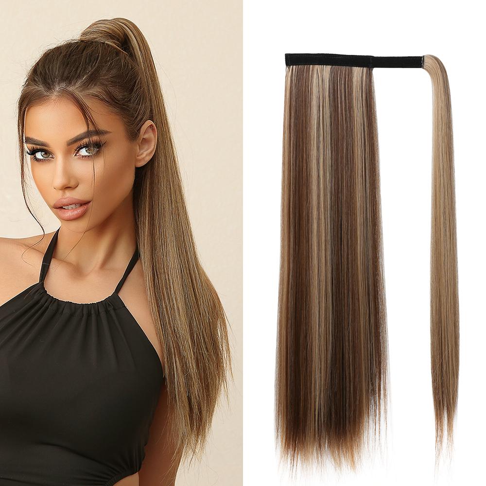 EASIHAIR Long Straight Wrap Around Clip In Ponytail Hair Extension Synthetic Pony Tail Fake Hair Brown Blonde False Afro Hairpieces Wig