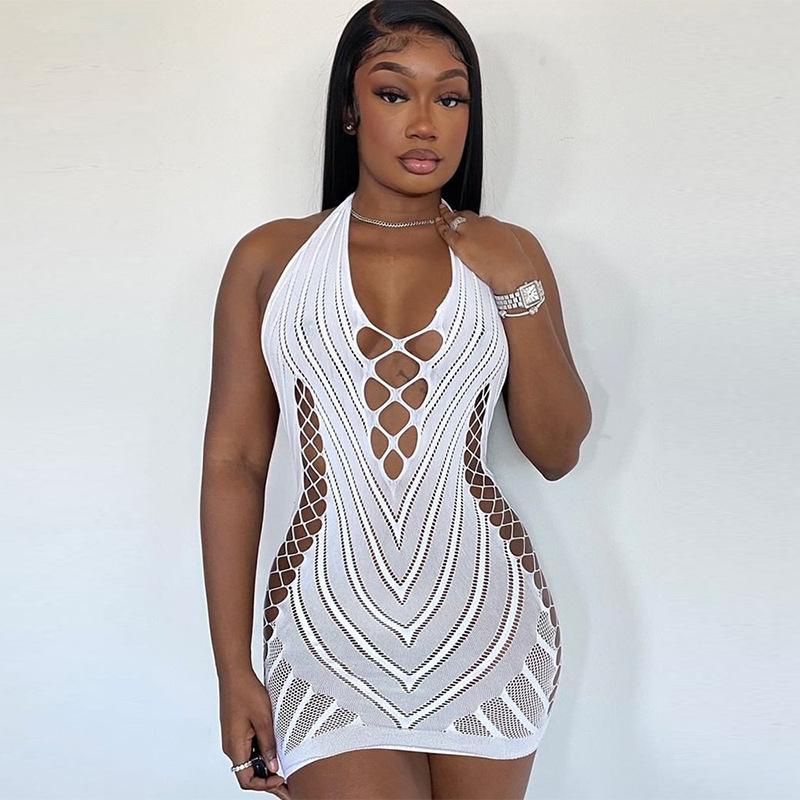 Sexy Fishnet Halter Backless Dress Low Cut Tight Pencil Cute Dress Mini Short Dress Nightclub Dance Dress Dresses For Women