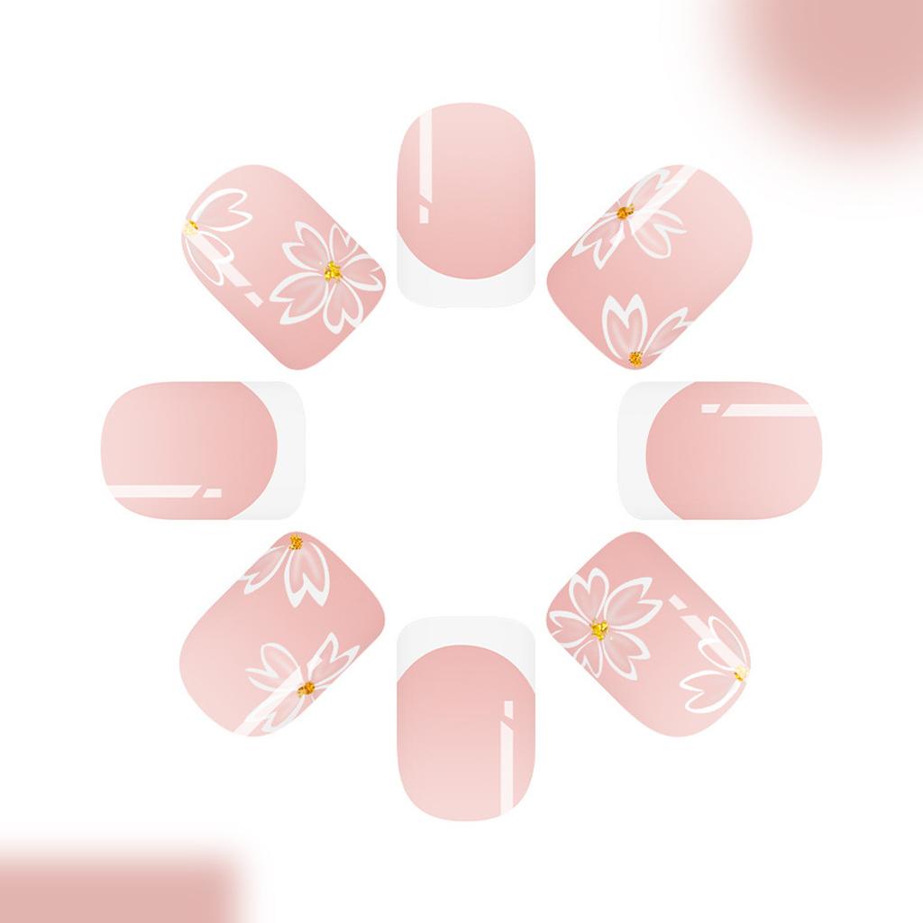 24 Piezas de Uñas Postizas a Presión Estilo Francés Floral Cuadradas Cortas para Punta de Dedo Elegante con Acabado Brillante