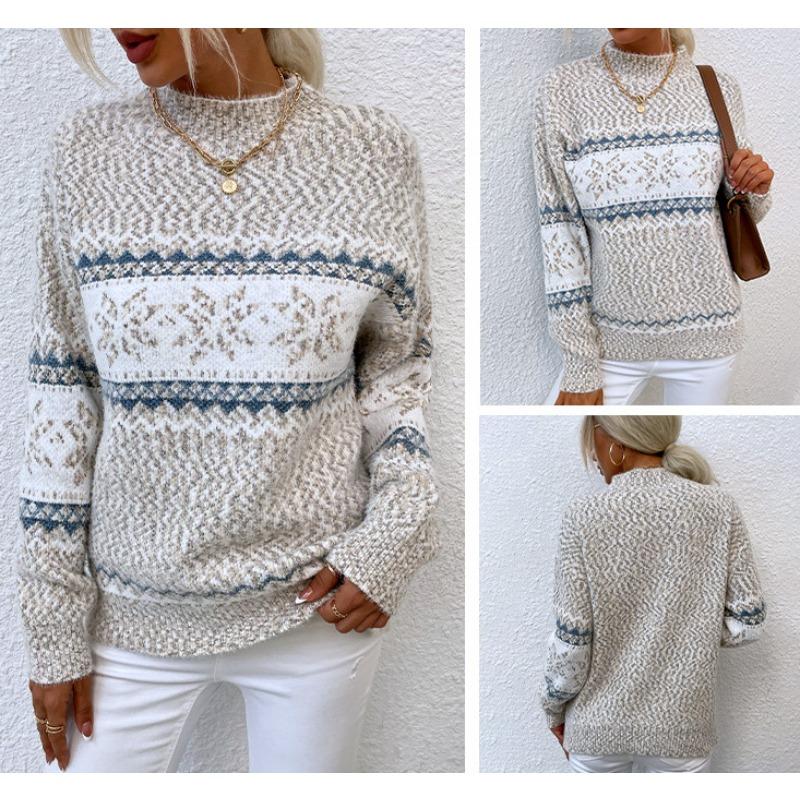 

Рождественский вязаный свитер осень и зима новый пуловер база полувысокое горло снежинка свободный свитер женский One size