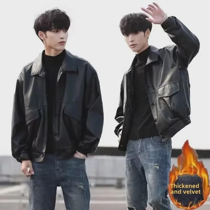 Men's Trendy Korean-Style Leather Motorcycle Jacket - Loose Fit Pilot Design for Spring & Autumn