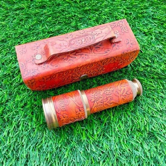 Antique Brass Pirate Spyglass – Vintage Nautical Telescope with Leather Wrap 16"