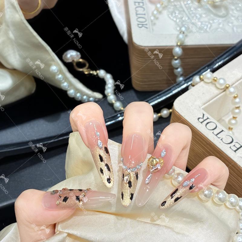 L62 Leopard Print Rhinestone Handmade Wearable Long Nails XS