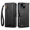 ESEBLE E11 For iPhone 15 Plus/14 Plus Case Zipper Pocket Litchi Texture Leather Phone Cover with Mirror and Wrist Strap