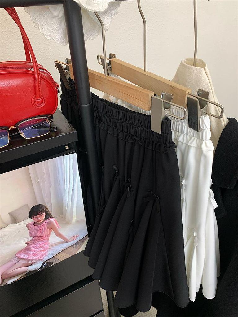 Petite Women's Summer Elastic Waist Pleated A-line Mini Skirt with Built-in Safety Shorts and Bow