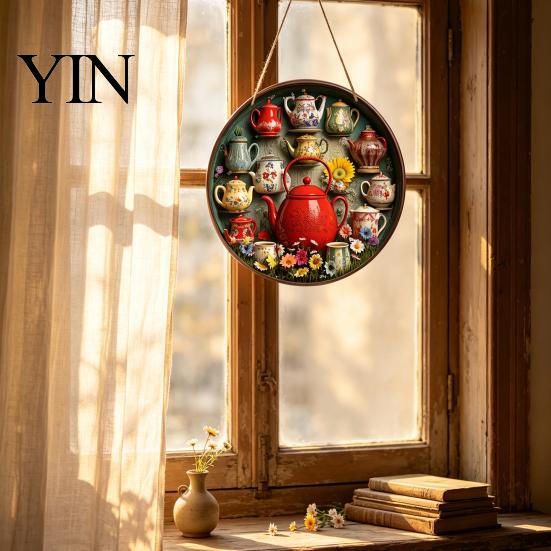 Entryway Wall Ornament Wooden Vintage Teapot Decoration, Farmhouse Rustic Art, Tea Nostalgic Art Pot Theme Sculpture for Kitchen Coffee Corner Sign