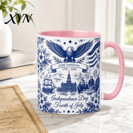 Independence Day Cup USA 250th Anniversary Blue Mug, Patriotic Ceramic Coffee with Heritage Eagle Flag Design, Gift for Veterans Men Women Durable