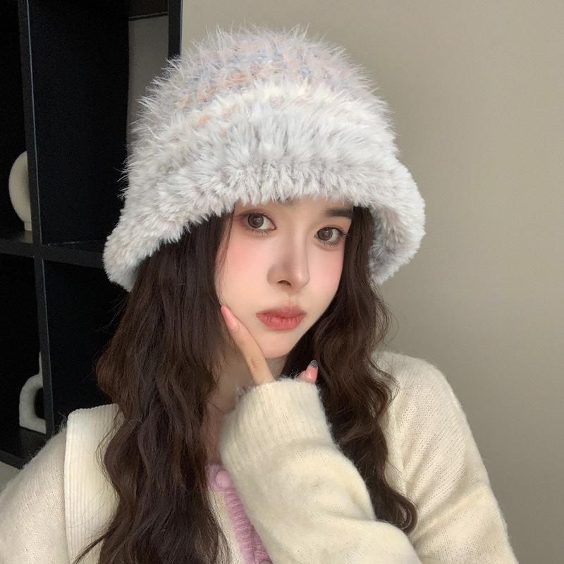 New high-quality plush color matching bucket hat women's Korean version of warm ear protection wool hat fashion travel basin hat tide