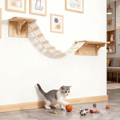 Katzenbrücken-Stufen-Set Wandmontiertes Katzenregal Holzbaumleiter mit Kletterstufen-Regalen Katzenmöbel Aktivitätszentrum