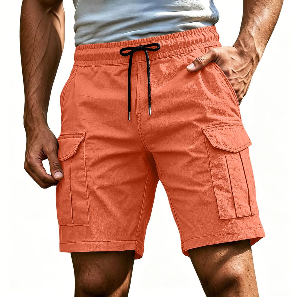 Men's Casual Cargo Shorts Elastic Drawstring Waist Multi-Pocket Summer Quick Dry Workout Solid Color Beach Short Pants