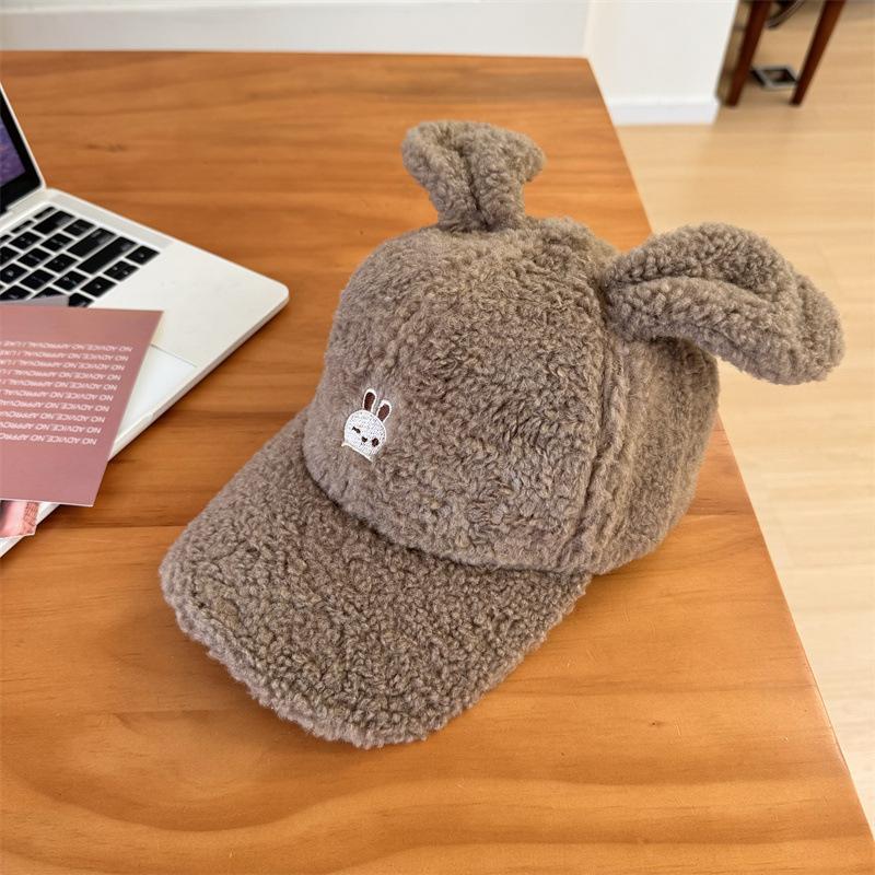Cute Rabbit Ears Baseball Cap Women's Autumn and Winter Warm Lamb Wool Cap Showing Face Small Cartoon Plush Hat