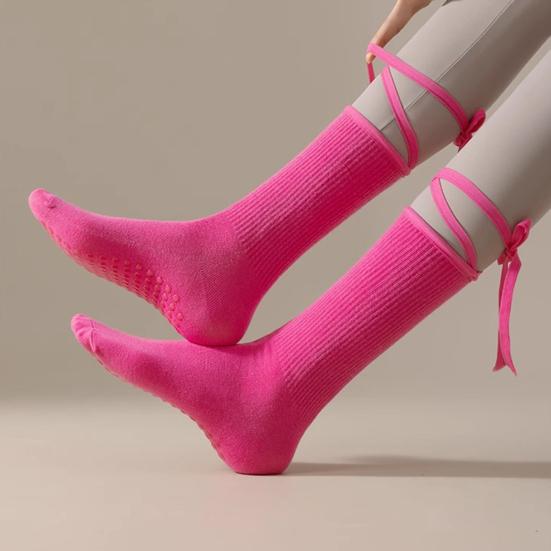 Yoga Pilates Socks with Grips for Women Non-Slip Tie-up Ankle Socks Grippy Lace-up Crew Socks for Barre Ballet Dance