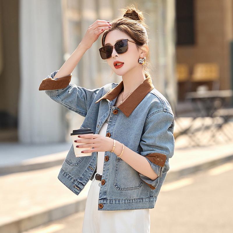 2025 Spring/Fall Retro Color-Block Patchwork Denim Jacket with Turn-Down Collar for Women