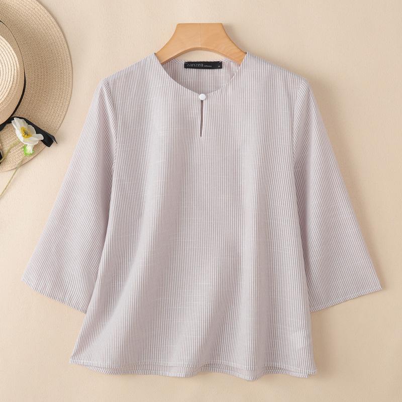 

ZANZEA Женская повседневная блузка с круглым вырезом, свободного кроя, с рукавами 3/4 и полосатым принтом 5XL хаки