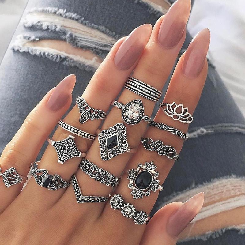 15Pcs Vintage Silver Joint Knot Rings Set Women Bohemian Stackable Joint Finger Rings Retro Stone Crystal Stacking Rings