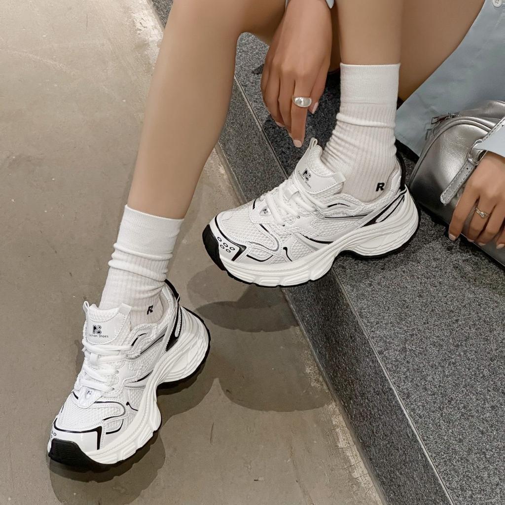 European Station 2025 Spring New Leather Mesh Muffin Platform Casual Sneakers Show Feet Little Daddy Shoes Women's Summer