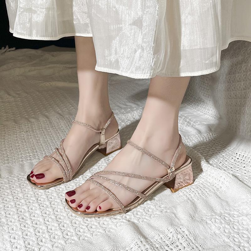 Rhinestone sandals women's thick heel new summer versatile gentle wind with skirt high heels women