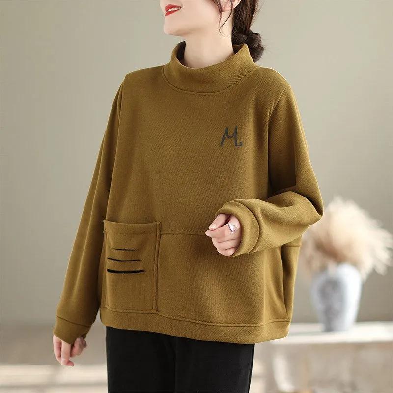 

Sweatshirt for Women Oversize Loose Half-high Neck Casual Pullover Long Sleeve Spring Sweatshirt Top L кофейный