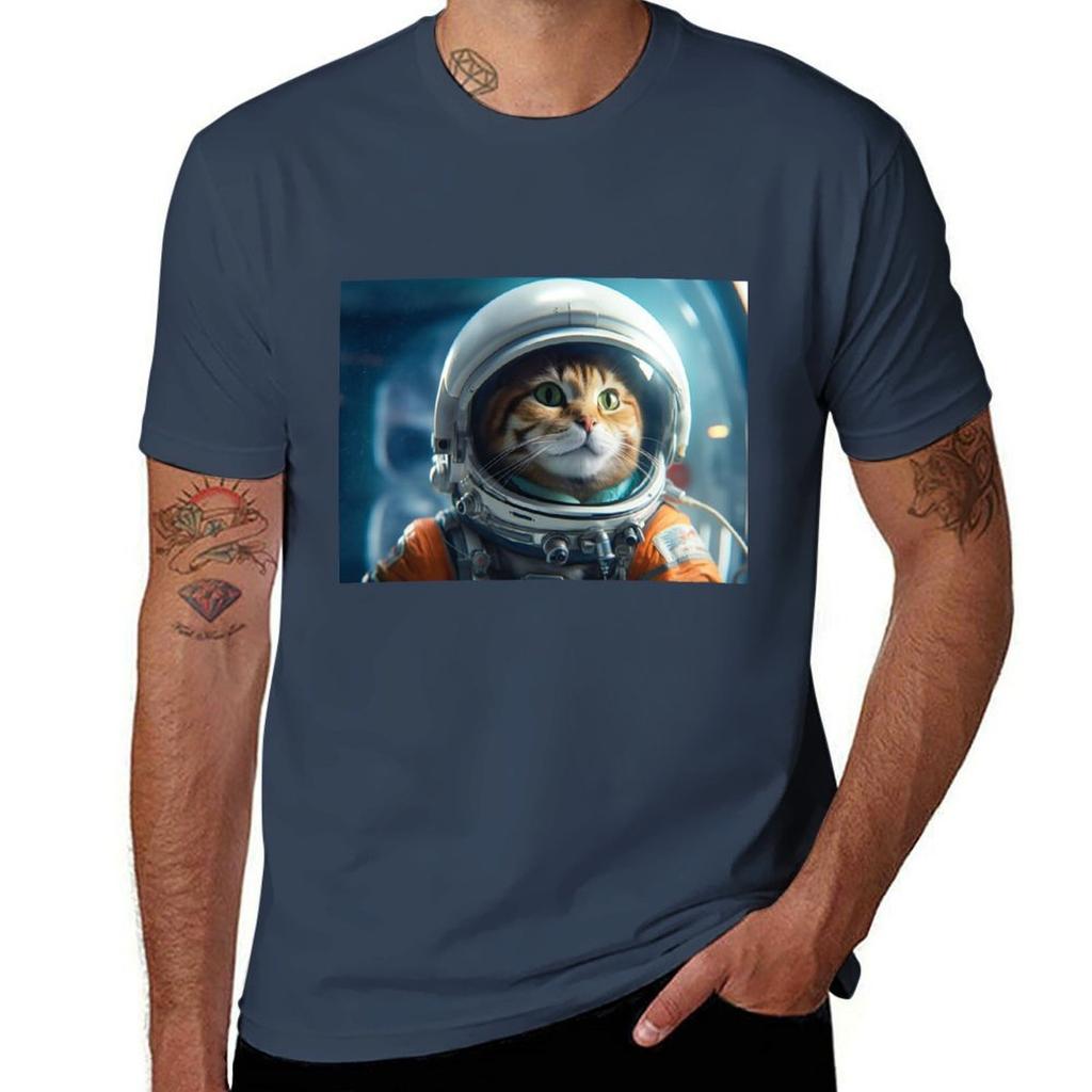 Cute Space Cat In Astronaut Suit TShirt Trendy Print Short Sleeve TShirt