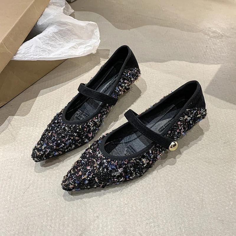 Módní pantofle na jemném podpatku Jaro Nové Špičatá špička Mělký výkroj Flanel Kovová přezka Jednoslovné Protiskluzové Jednoduché boty