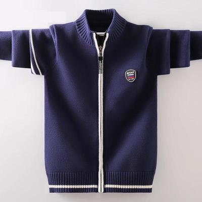 Boys' Red Knitted Zip-Up Cardigan: Fleece-Lined, Pure Cotton, Thick Woolen for Autumn/Winter