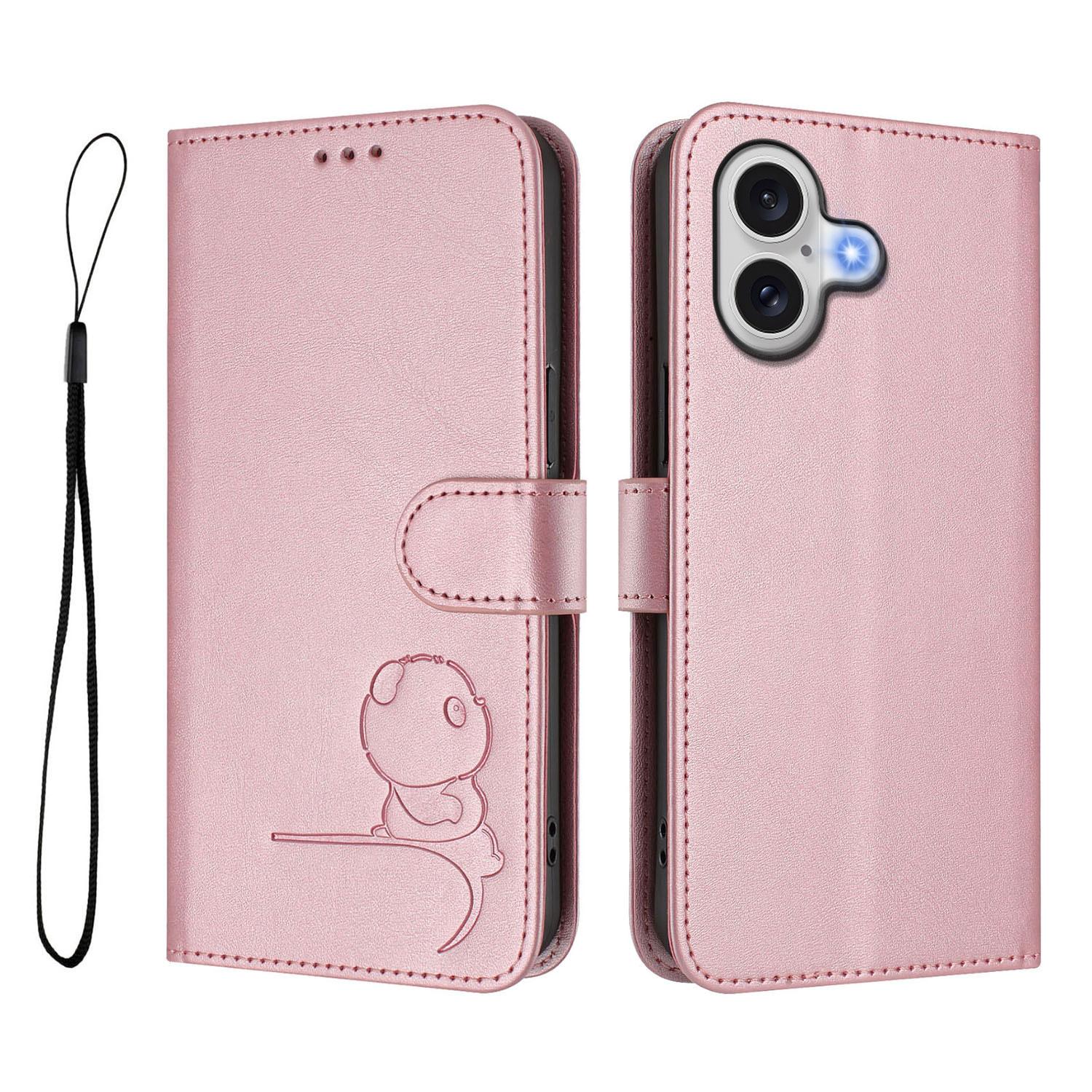 

For iPhone 17 Air Case Panda Imprint RFID Blocking Wallet Leather Phone Cover with Wrist Strap Pink