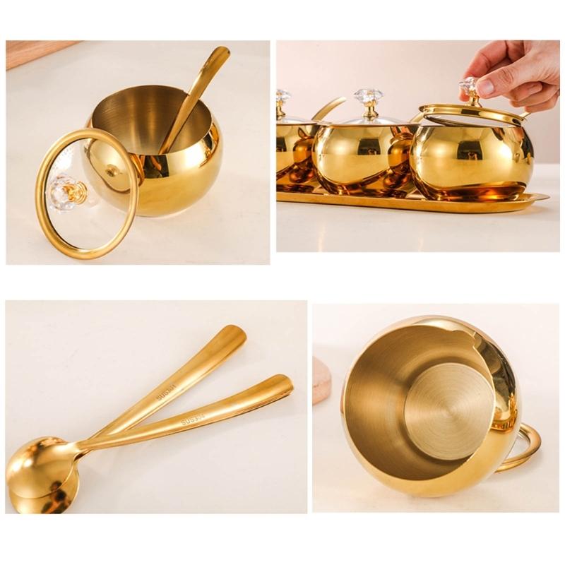 Praktische Gewürzhalter Langlebiger Stahl Küchengewürzbehälter mit Löffeldeckel und Edelstahl-Tablett