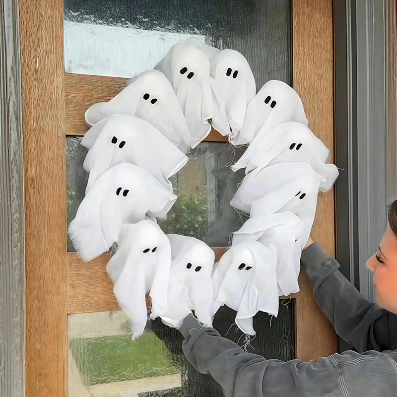 Halloween Ghost Wreath, 12 Led Light-Up White Ghost Garland, Spooky Indoor & Outdoor Hanging Decoration For Front Door, Wall