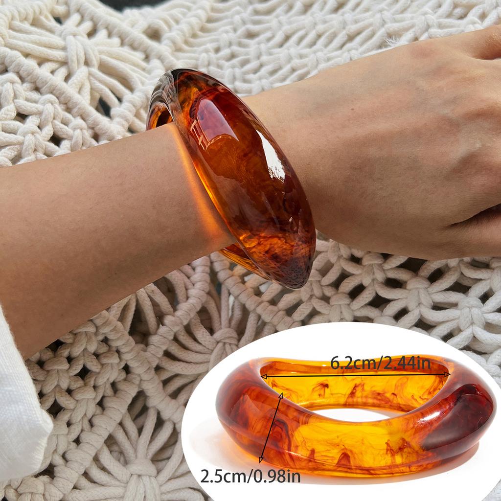 Vintage Amber Smudged Acrylic Bracelet, Fashionable Metal Glossy Resin Wide Bracelet