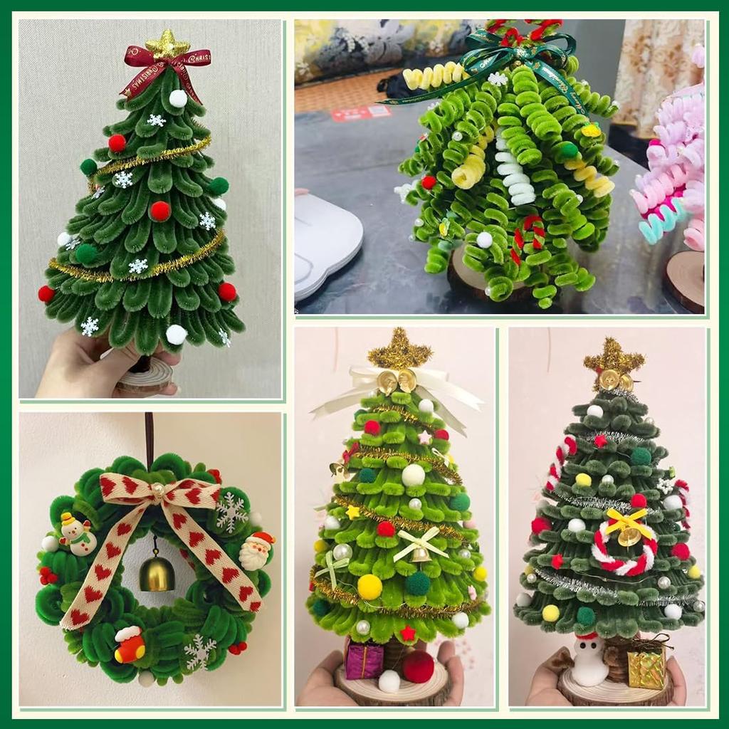 Pipe Cleaners for Making Christmas Tree, 300pcs Pipe Cleaners, 200pcs PomPoms, 1 Foam Cylinder, 1 Christams Card and 1 Bag Pearl