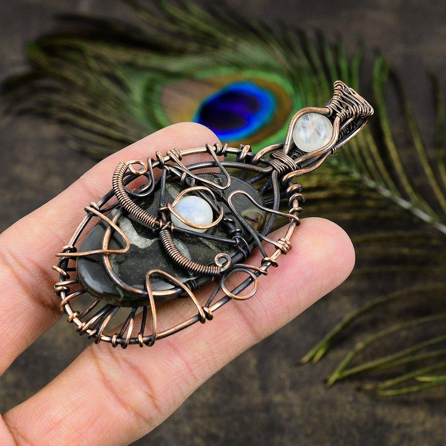 Septarian Stone, Moonstone Gemstone Copper Wire Wrap Jewelry Pendant 3.35"