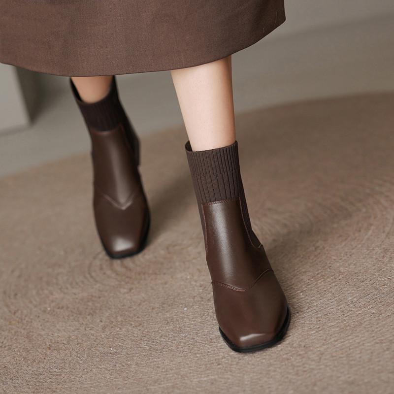 Chelsea Boots Autumn and Winter New Elastic Knitted Thin Boots Square Heel Elastic Boots