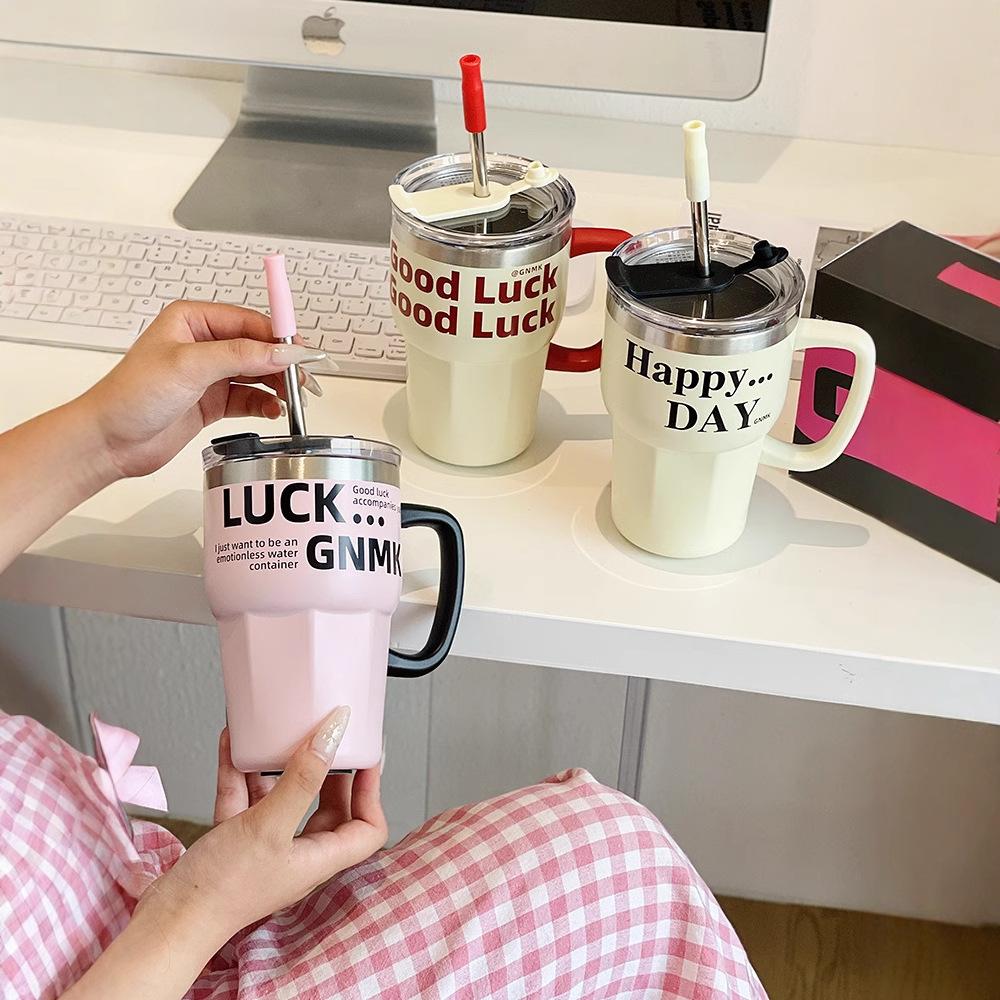 Stylish Straw Thermos Drinking Cup Big Cap Simple Coffee Cup Girls Office Stainless Water Mug Durable Durable Useful Useful