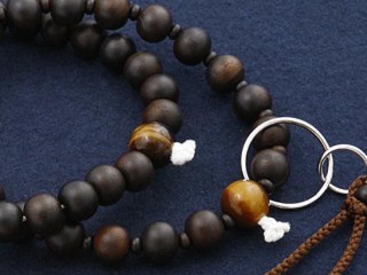 Kyoto Butsudan Hayashi Buddhist Prayer Beads, Jodo Sect, Ebony (Unpolished) with Tiger Eye Stone (4-Piece Set) (Men's), Formal, Authentic [Tiger Eye]