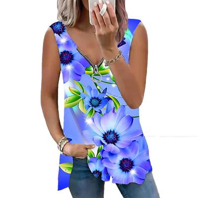 Canotta da donna estiva nuova moda Sun Flower stampata casual taglie forti senza maniche con cerniera scollo a V canotta