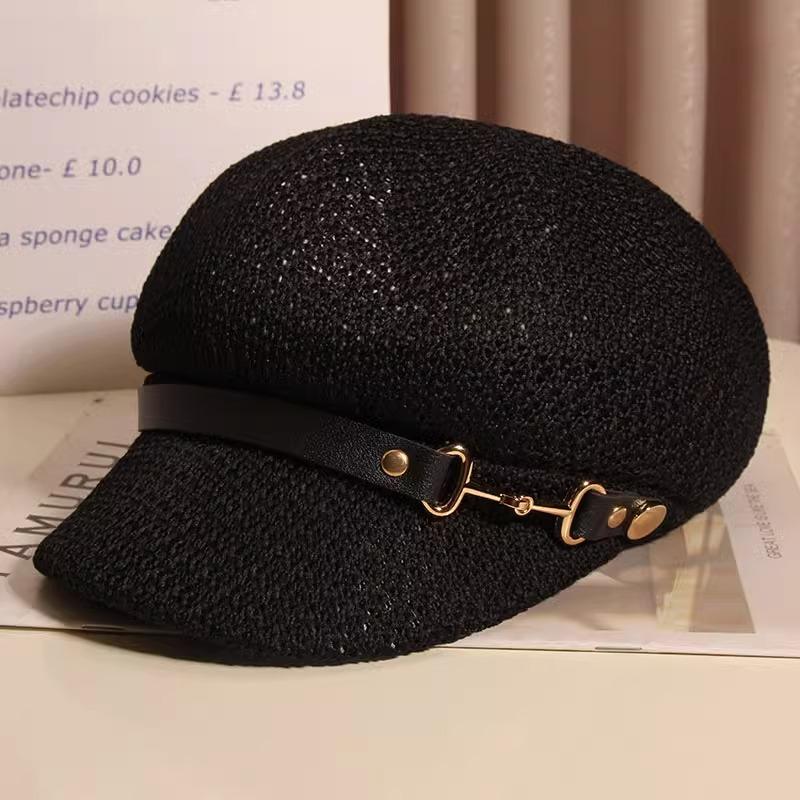 

Полая дышащая кожаная шляпа-восьмиуголка с пряжкой, детская классическая плетеная соломенная шляпа, повседневная универсальная литературная шляпа от солнца, шляпа художника M 56-58cm чёрный