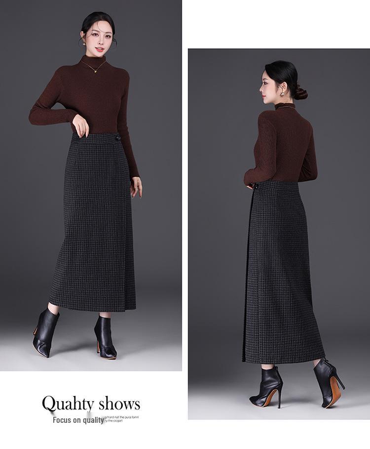 Plaid Woolen High-Waisted Pencil Skirt: Winter 2025 Korean Style, Thickened and Warm with Slit