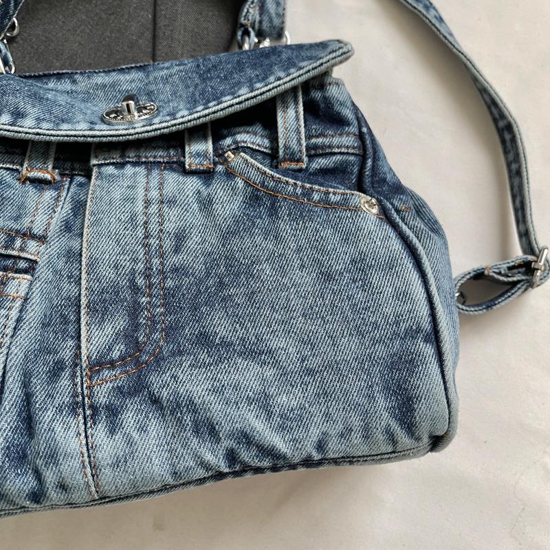 Stylish Denim Handbag Mini Backpack with Detachable Strap and Front Pockets for Casual Wear
