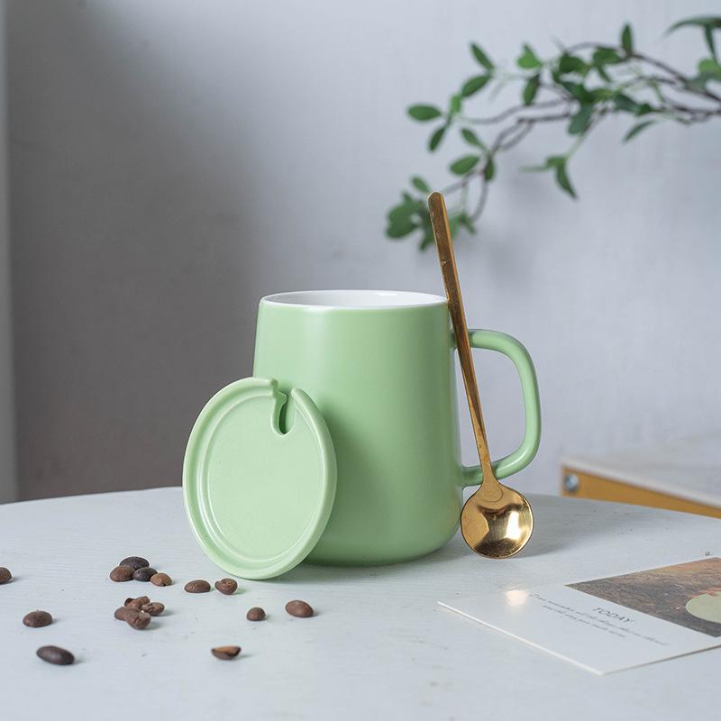Nordic Ceramic Ns Wind Mug Creative with Lid with Spoon Water Cup Simple Coffee Cup Solid Color Cream Wind Matte