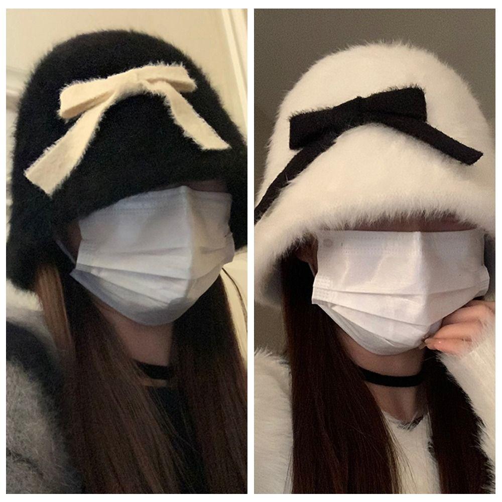 Harajuku Plush Basin Hat Y2k Fluffy Fisherman Hat Cute Bow Bucket Hat  Autumn