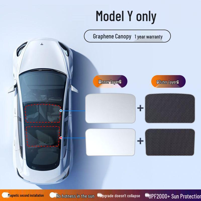 Tesla Model Y and Model 3 Sunroof Sunshade with Magnetic Graphene Canopy Graphene Sunroof [Original Color] Opaque