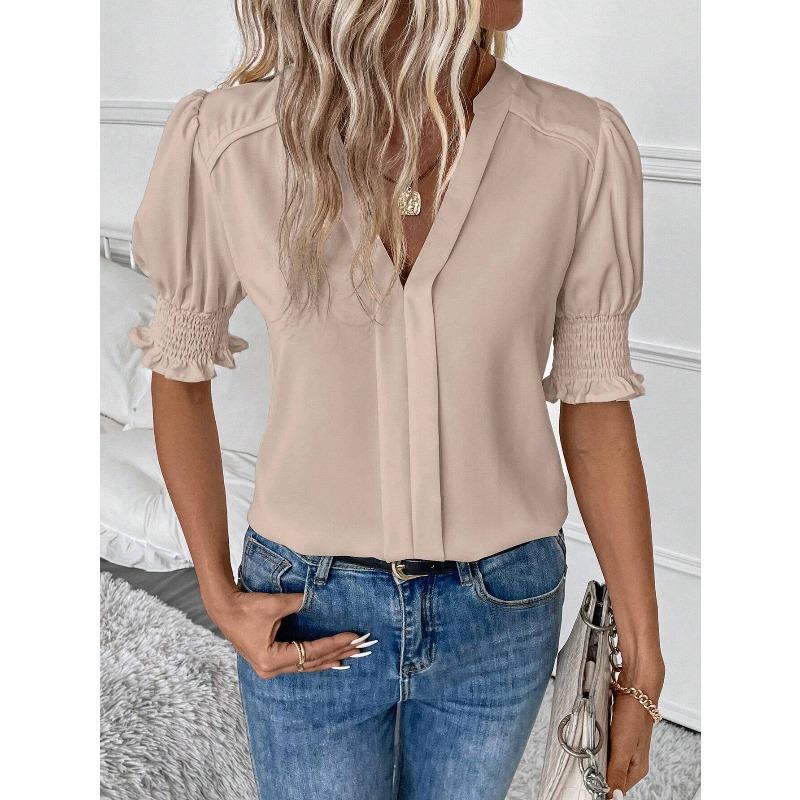 Women's summer new V-neck pure color fashion temperament bubble sleeve pure color shirt blouse