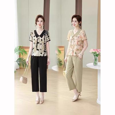 Sommer T-Shirt Set für ältere Frauen mittleren Alters Mittelalterliches Shirt Mutter-Outfit Zweiteiliges Set