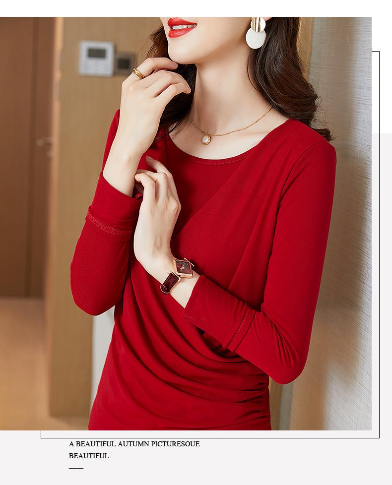 2024 Women's Winter Fleece-Lined Slimming Top, Round Neck, Pleated Tummy Concealment