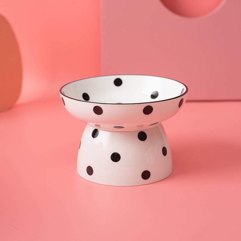 Ceramic Tall Footed Drinking Water Bowls, Anti Overturning Oblique Mouth, Neck Protection, Round Dot Cat Bowl, Pet Articles, 1Pc