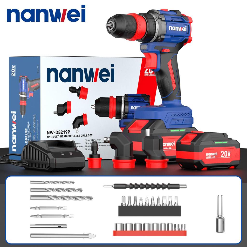 NANWEI 50 Nm 4-in-1 Electric Screwdriver with Multiple Heads ,Brushless Motor ,20 V