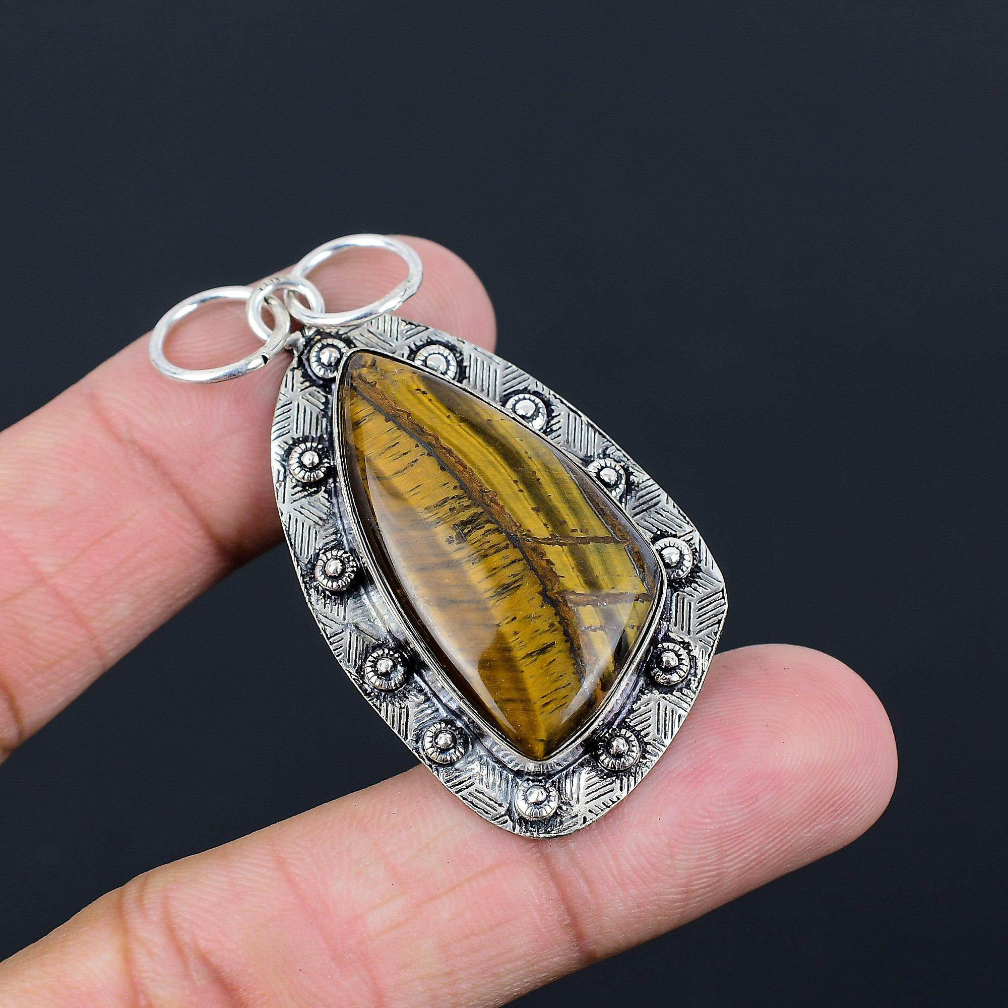 Sterling Silver Trillion Tiger Eye Gemstone Bezel Anniversary Daughter Pendant